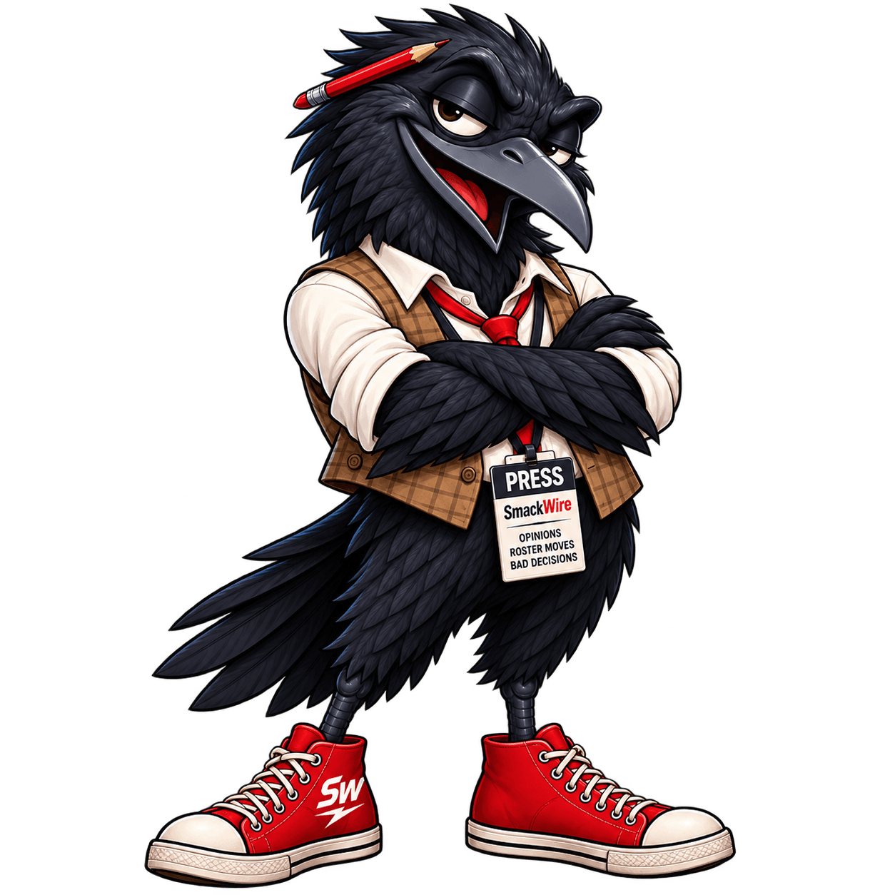 The SmackWire crow, arms crossed, unimpressed