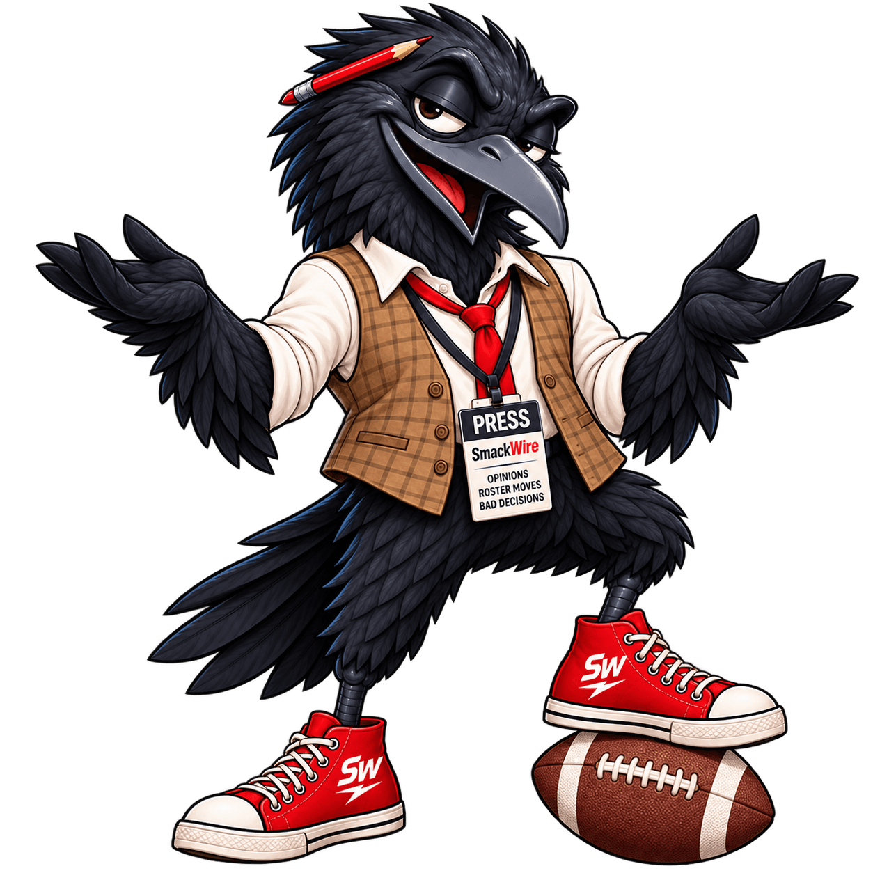 No photo of Jaylen Waddle. The SmackWire crow shrugging, one foot on a football.