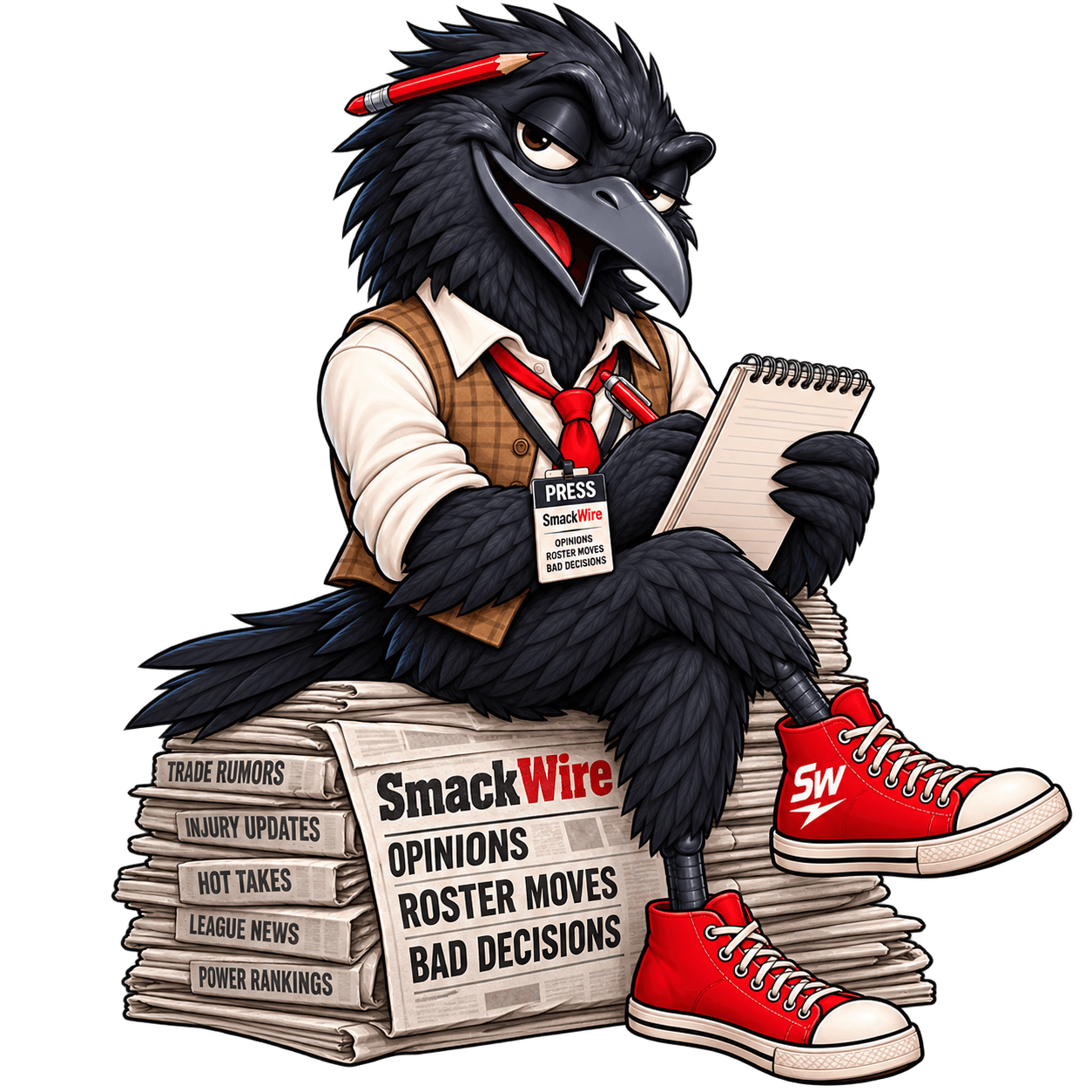 The SmackWire crow taking notes on a stack of newspapers